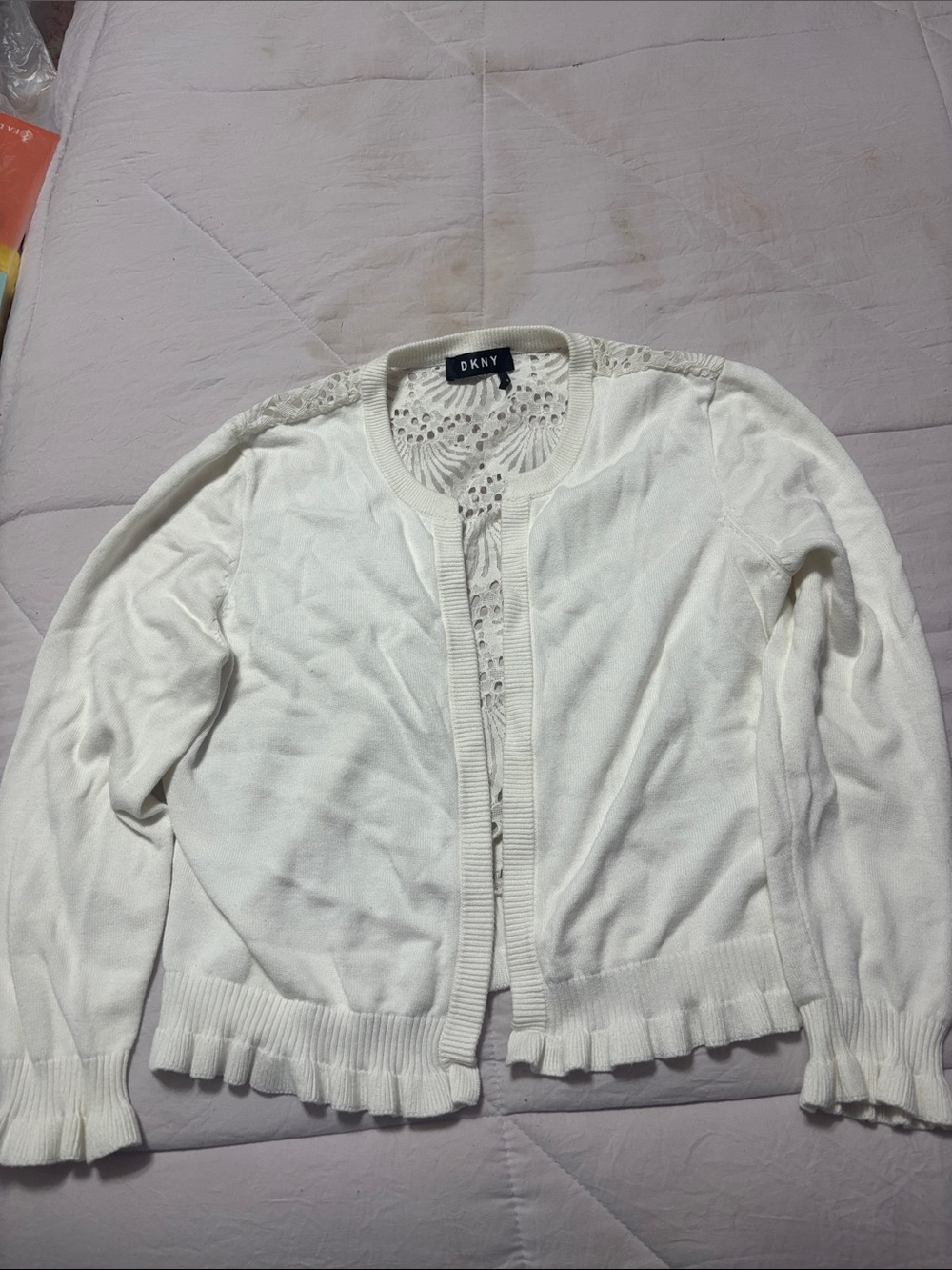 DKNY Cream Open-Front Lace-Back Knit Cardigan